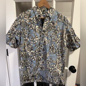Reyn Spooner Hawaiian Shirt Mens M Blue Reverse Print Floral Aloha Paisley